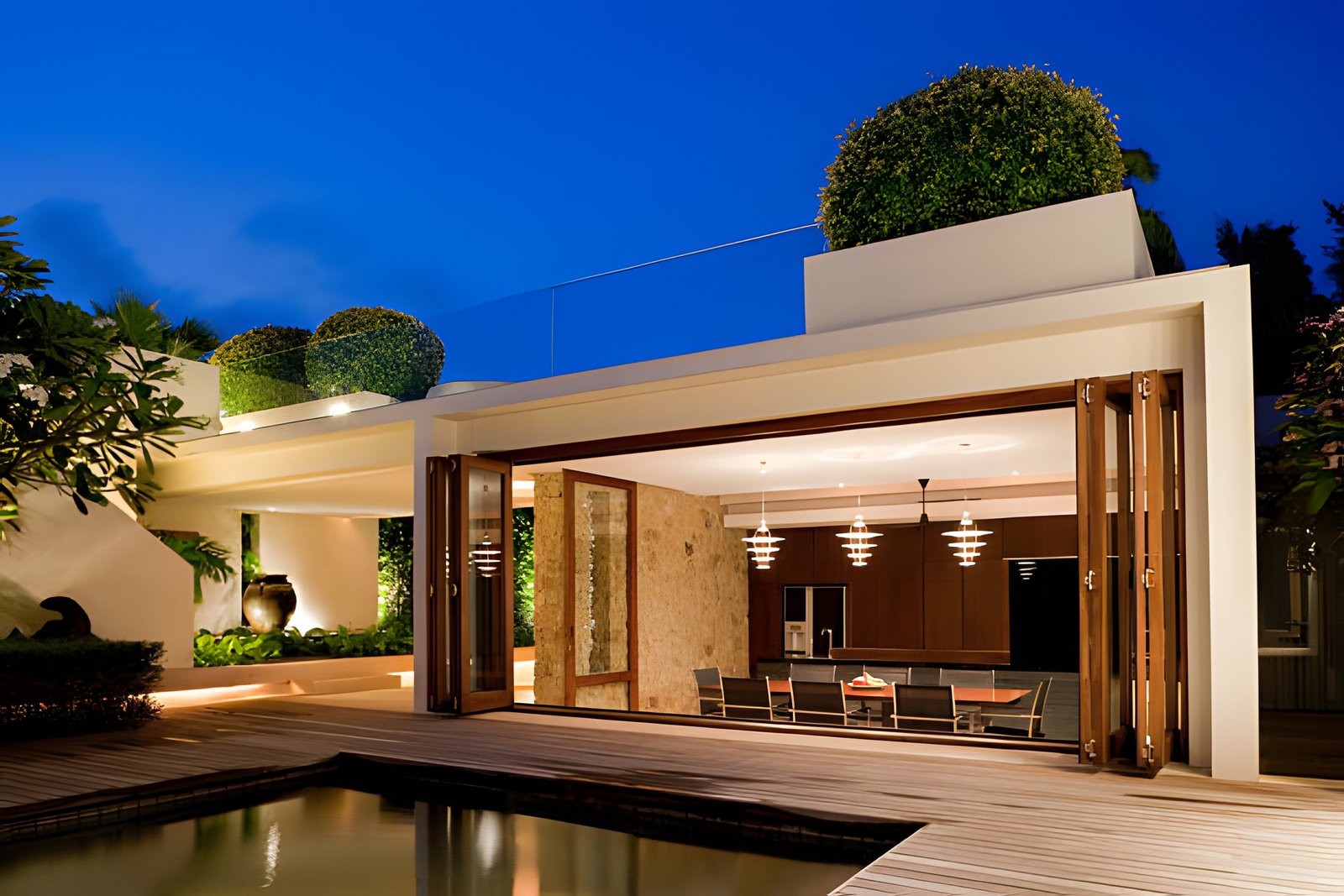 Open-plan villa at night