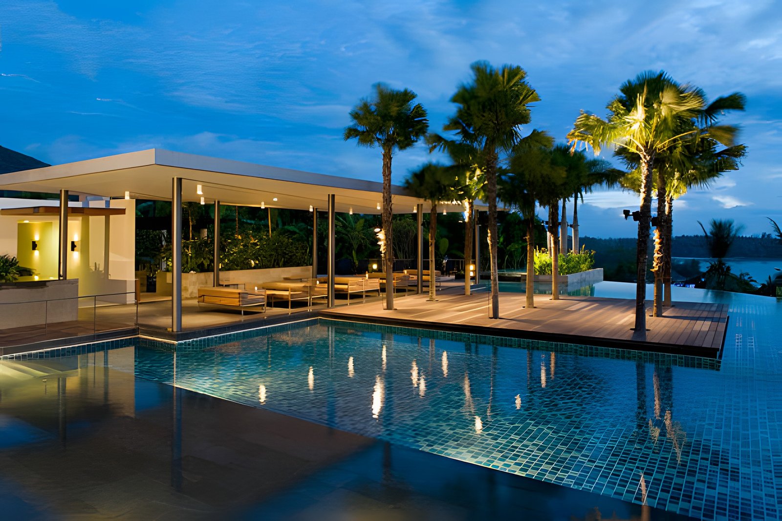 Poolside pavilion at dusk