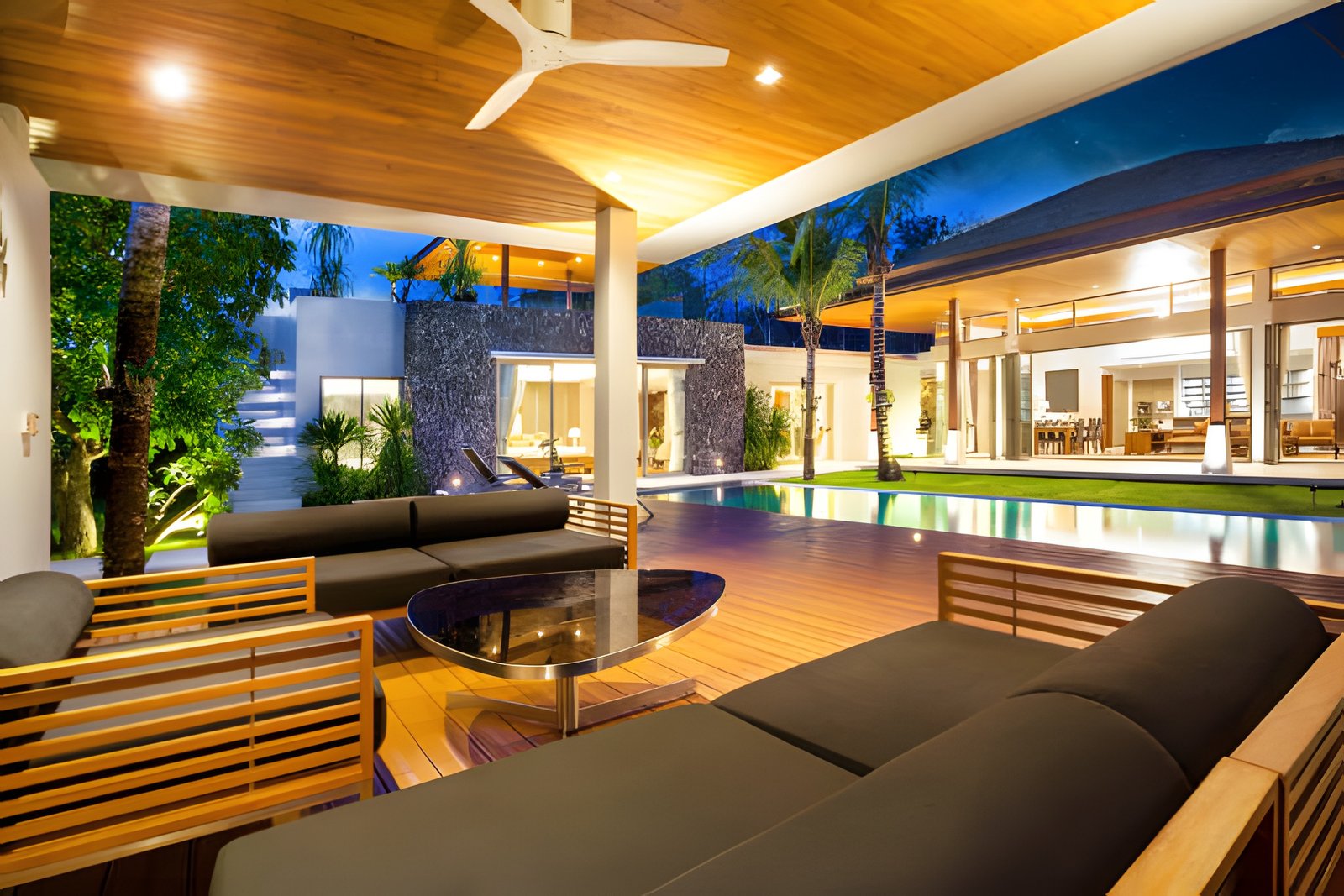 Outdoor living lounge at night