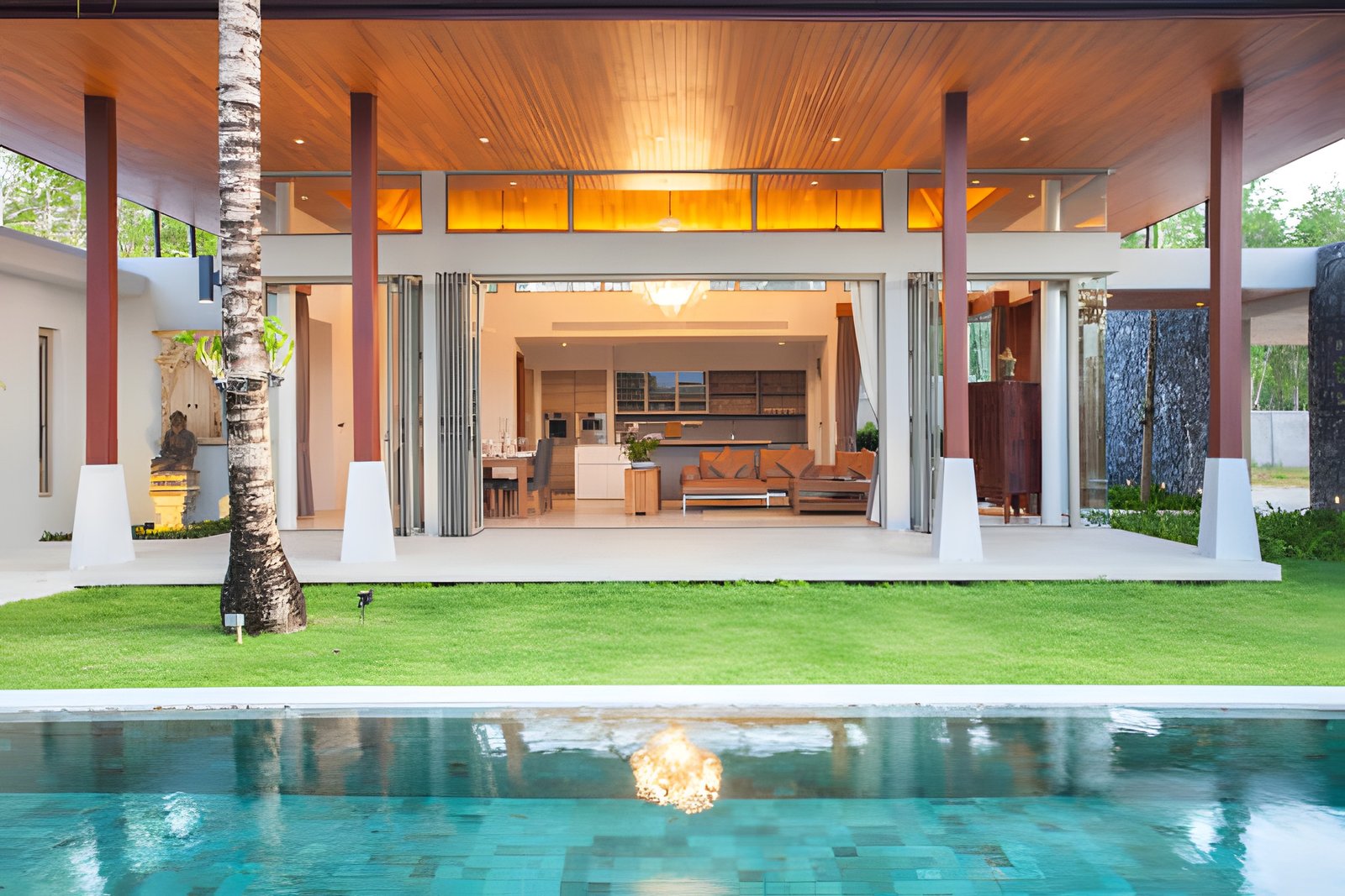 Open-plan modular home with pool